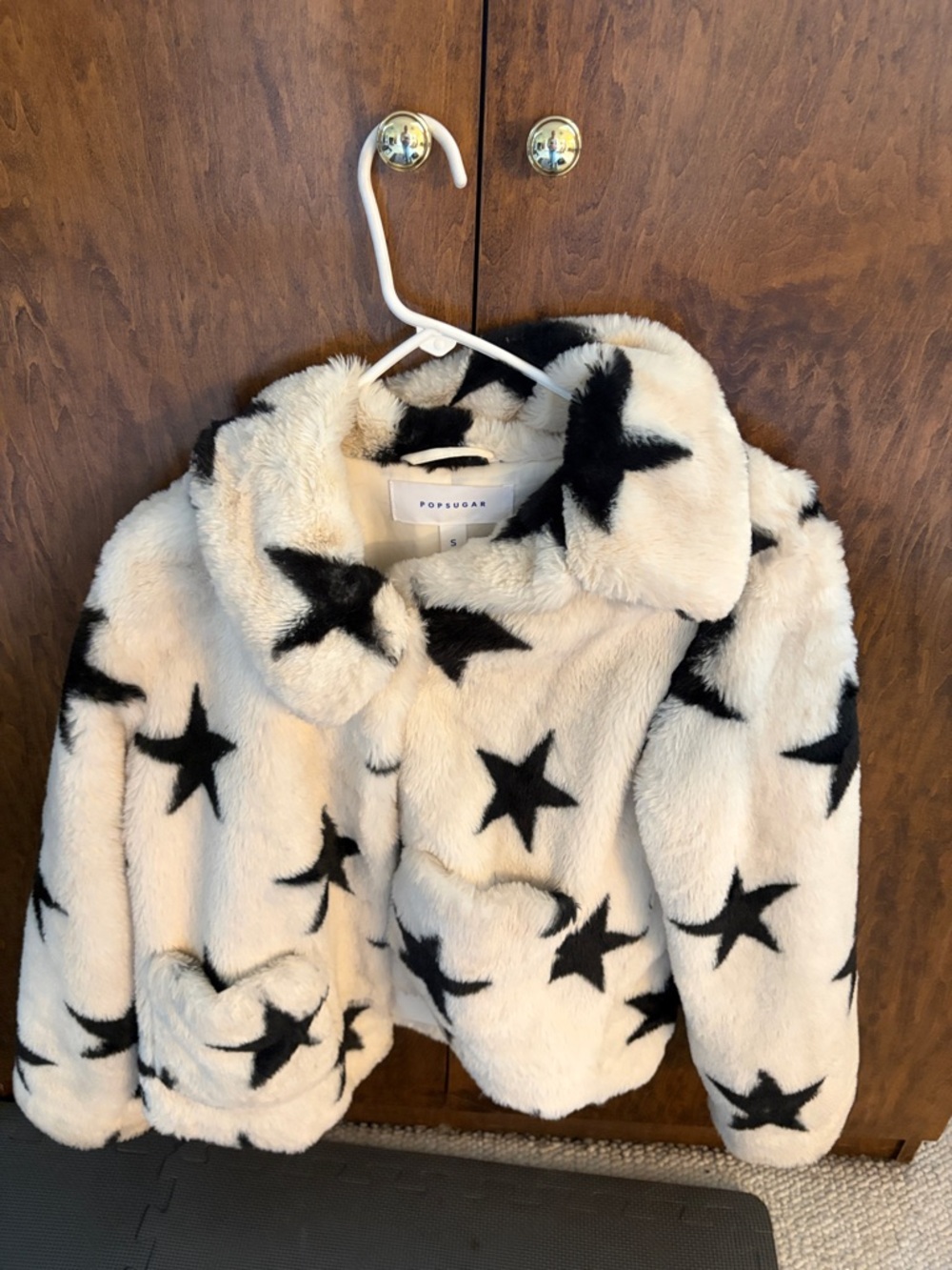 POPSUGAR Cream Faux Fur Jacket with Black Star Print